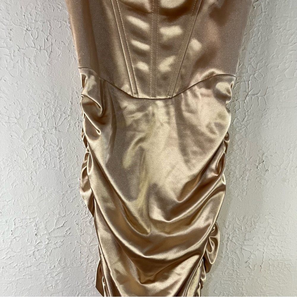 Oh Polly Embellish The Moment Ruched Satin Metallic Knee Length Dress in Gold - Picture 7 of 14